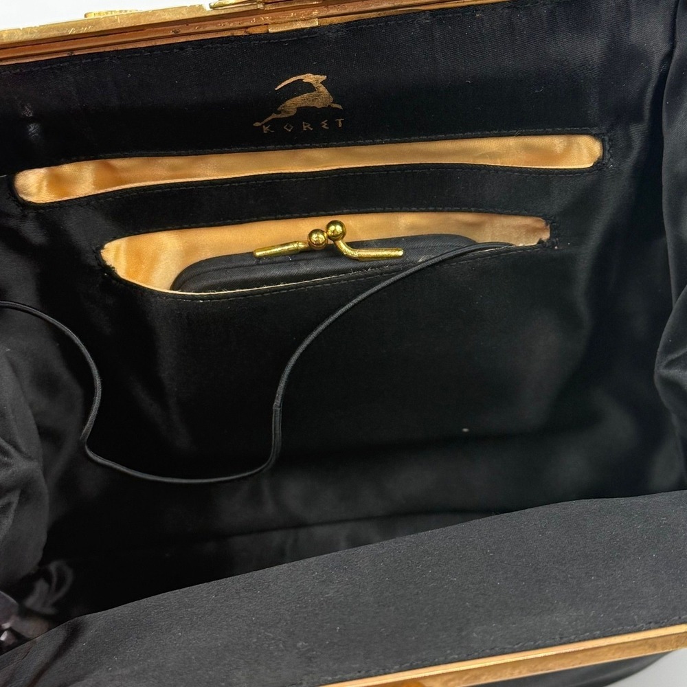 VTG Koret Black Satin Evening Bag Mother of Pearl Enamel Frame Gold Tone Clutch - Picture 7 of 12